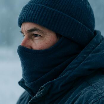 Ice angler in blue beanie holding a short rod near drilled hole