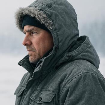 Ice angler in grey parka smiling with frozen lake behind