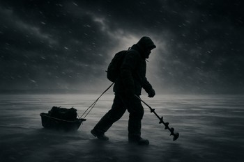 Angler walking across stormy ice with short rod and compact sled