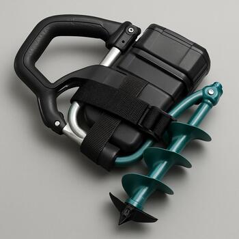 Compact ice auger folded beside a neatly packed gear bag