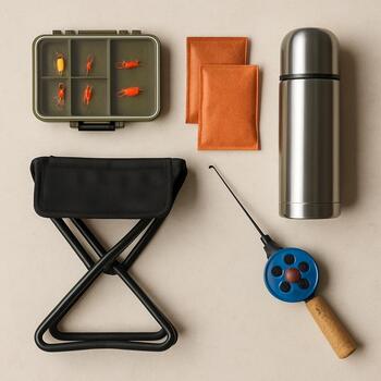 Compact day ice fishing kit with short rod, manual auger and small backpack