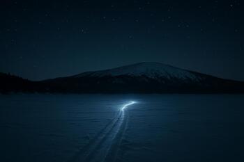 Trail of footprints and sled line across the ice toward a distant light