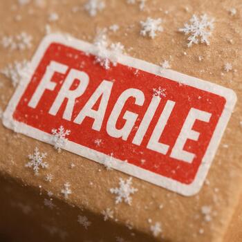 Closeup of a fragile label on a dark blue shipping box