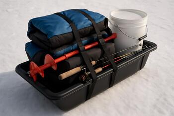 Ice fishing sled packed neatly with rods, auger and small bags