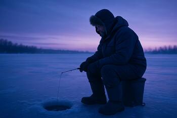 Ice angler kneeling beside a single hole at pale blue sunrise with a compact ice rod