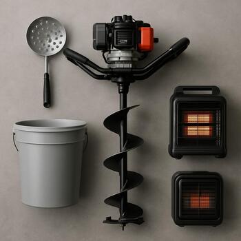 Flatlay of an ice auger, tackle boxes, insulated boots and gloves on packed snow