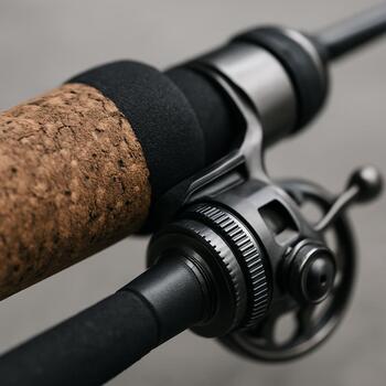 Closeup of an ice rod handle resting on drilled ice with fine frost