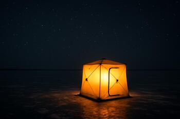 Softly glowing portable ice shelter standing alone on a frozen lake at night