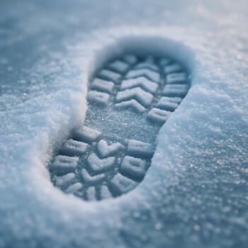 Insulated boot footprint pressed into a dusting of snow on blue ice