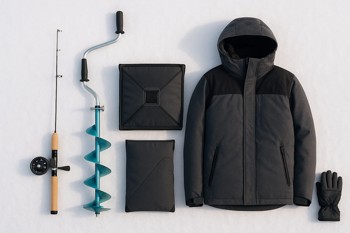 Ice fishing kit laid out for a final check on a dark hallway floor