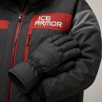 Layered ice fishing jacket and gloves hanging ready near the door