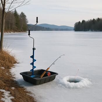 Shoreline ice fishing kit with small sled beside a short walk path