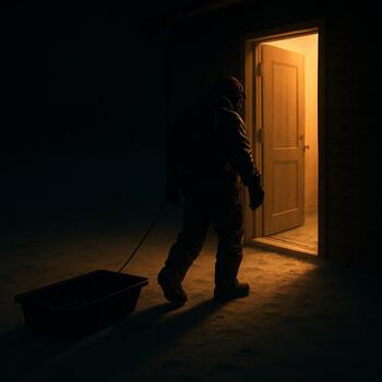 Angler coming back to a doorway, setting wet ice gear on a mat