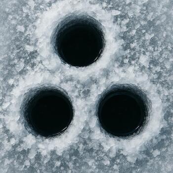 Top view of several drilled ice holes with a sled parked to the side