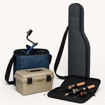 Same ice fishing gear laid out in a clean strip from door to exit