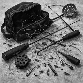 Messy ice fishing gear pile with rods and clothing stacked randomly