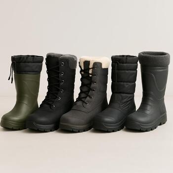 Lineup of insulated boots and cleats standing on dark ice