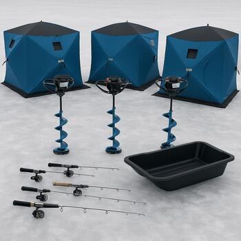Crew ice fishing kit with multiple rods and wide sled ready on the floor