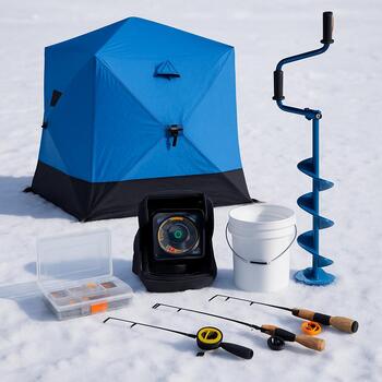 Daytime ice fishing kit laid out with short rod, auger and compact sled