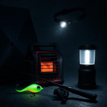 Night ice fishing kit with lantern, shelter and layered clothing