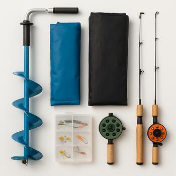 Lightweight ice fishing pack with rod tube and small box laid flat
