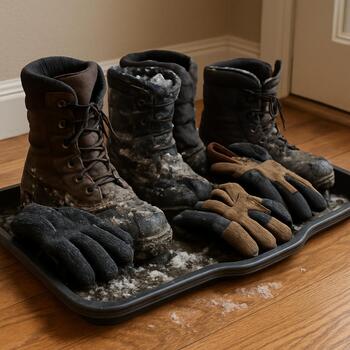 Insulated boots and cleats lined up on a tray near the entry
