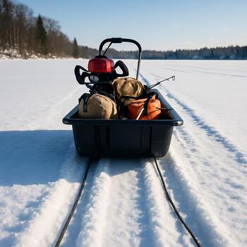 Rear of an ice fishing sled with soft bags and folded shelter