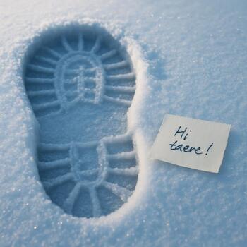Notebook and pencil lying beside boot tracks on snow by the ice