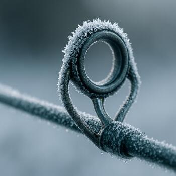 Close view of an ice rod guide with fine frost crystals