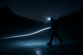Headlamp beam on a narrow track of footprints across black ice