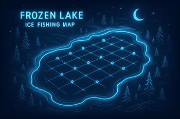 Simple hand-drawn ice fishing map with marked holes and depth lines