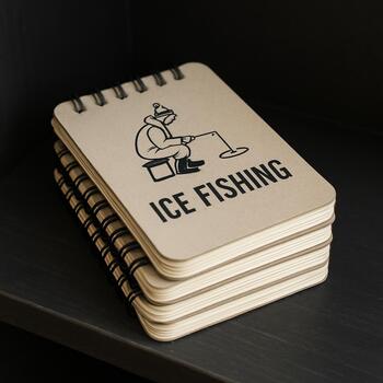 Stack of small ice notebooks on a dark shelf