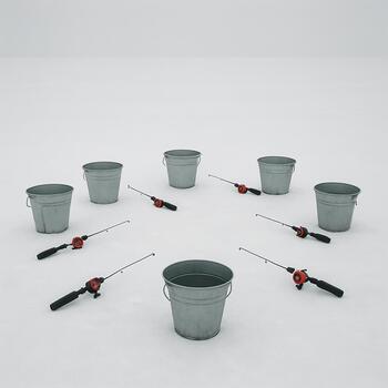 Buckets and rods arranged in a loose circle on the ice