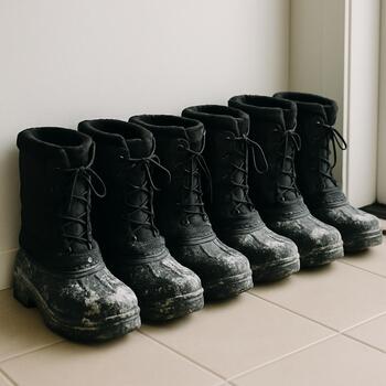 Several pairs of boots lined up by a doorway after an ice trip