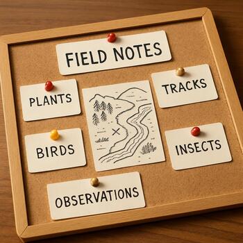 Field notes board on a table with cards and a simple map