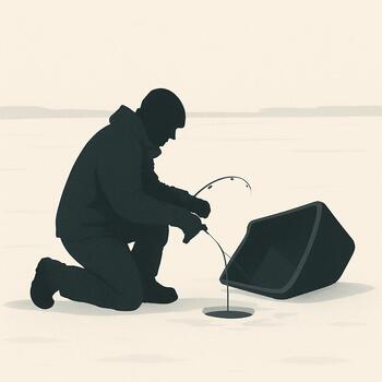 Angler kneeling by a tipped sled, quietly resetting gear on the ice
