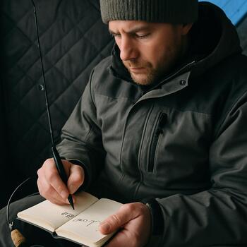 Angler writing a short note while sitting inside an ice shelter