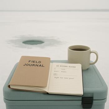 Field journal and hot drink resting on an ice box on the lake