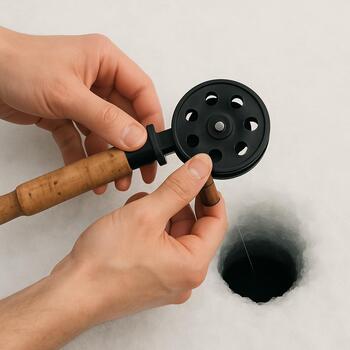 Close view of hands adjusting an ice reel over a drilled hole