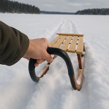 Hand pulling a sled handle through soft snow on the lake