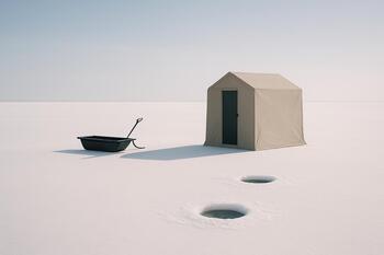 Still midday ice with a shelter and sled parked beside drilled holes