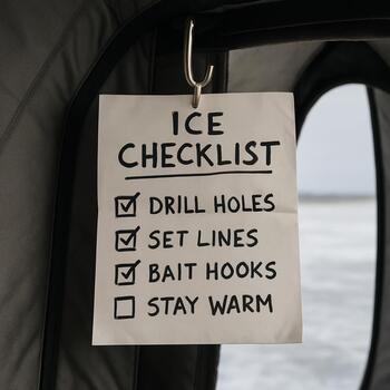 Folded note with ice checklist hanging from a small doorway hook