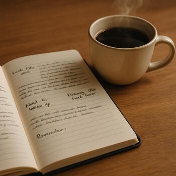 Open journal with short margin notes beside a steaming cup