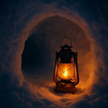 Lantern glowing inside a shelter and lighting up nearby snow