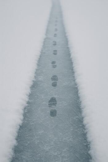 Narrow early ice path with thin snow and a single set of tracks