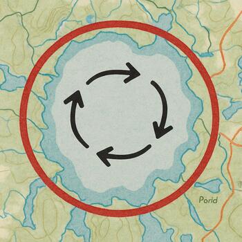 Simple circle drawn over a lake map with arrows showing an ice route