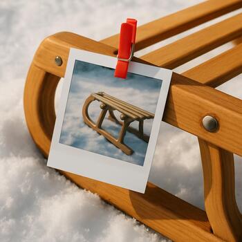 Snapshot card pinned to a sled side over fresh snow