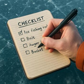 Small notebook with an ice fishing checklist resting on frozen surface