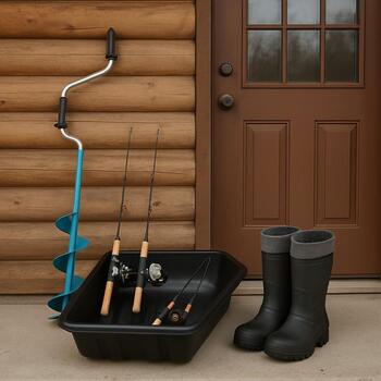 Ice fishing gear neatly staged by an apartment door