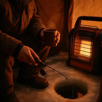 Inside view of a warm ice shelter with rod and heater